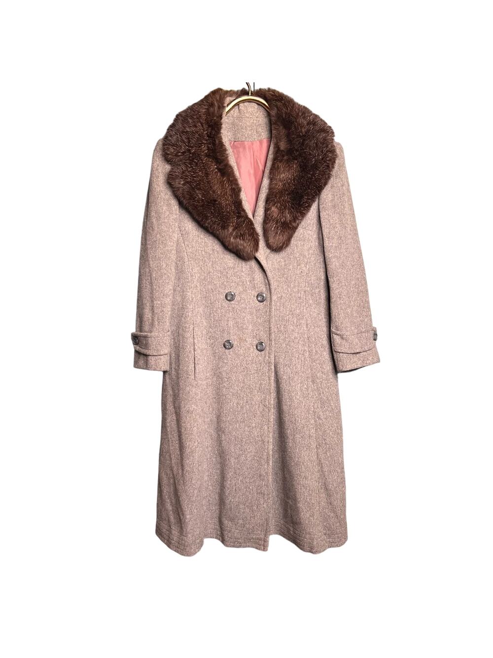 Vintage 70s Size Medium Brown Fur Collar Gray Wool Trench Coat Classic City